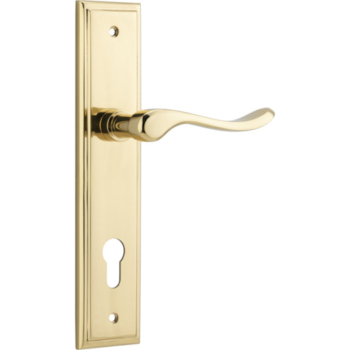 Door Lever Stirling Stepped Euro Pair Polished Brass CTC85mm H237xW50xP64mm in Polished Brass