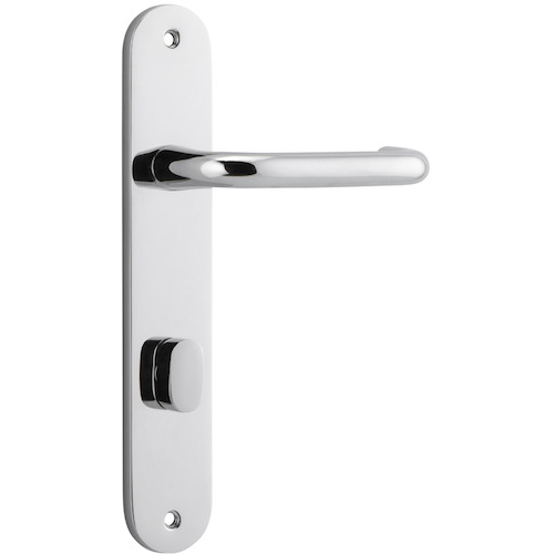 Door Lever Oslo Oval Privacy Polished Chrome CTC85mm H230xW40xP57mm in Polished Chrome