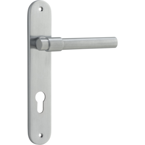 Door Lever Helsinki Oval Euro Pair Brushed Chrome CTC85mm H240xW40xP44mm in Brushed Chrome