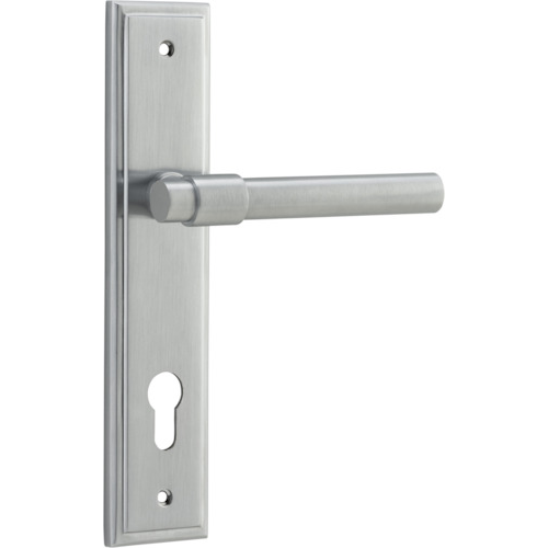 Door Lever Helsinki Stepped Euro Pair Brushed Chrome CTC85mm H237xW50xP44mm in Brushed Chrome