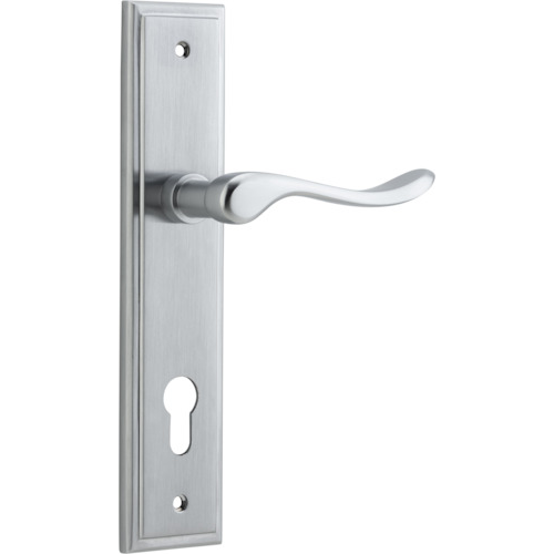 Door Lever Stirling Stepped Euro Pair Brushed Chrome CTC85mm H237xW50xP64mm in Brushed Chrome