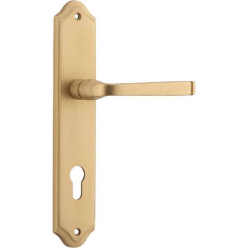 Door Lever Annecy Shouldered Euro Brushed Brass CTC85mm H237xW50xP65mm in Brushed Brass