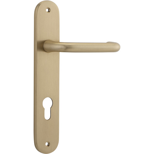 Door Lever Oslo Oval Euro Brushed Brass CTC85mm H230xW40xP57mm in Brushed Brass