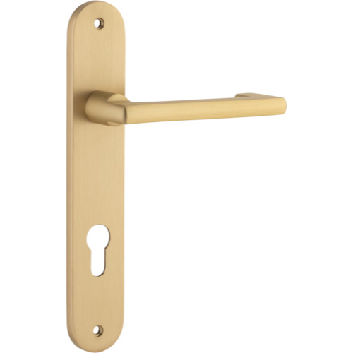Door Lever Baltimore Return Oval Euro Pair Brushed Brass CTC85mm H240xW40xP58mm in Brushed Brass