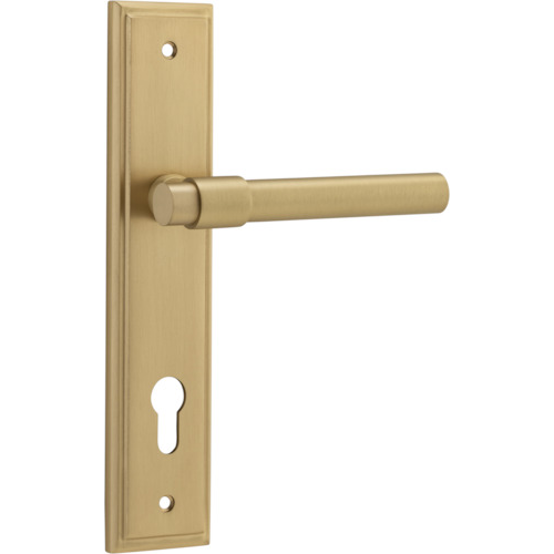 Door Lever Helsinki Stepped Euro Pair Brushed Brass CTC85mm H237xW50xP44mm in Brushed Brass