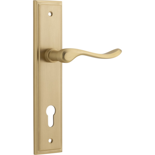 Door Lever Stirling Stepped Euro Pair Brushed Brass CTC85mm H237xW50xP64mm in Brushed Brass