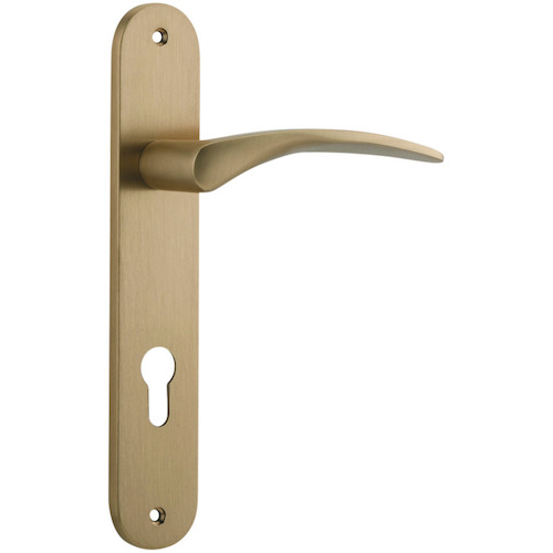Door Lever Oxford Oval Euro Brushed Brass CTC85mm H237xW50xP60mm in Brushed Brass