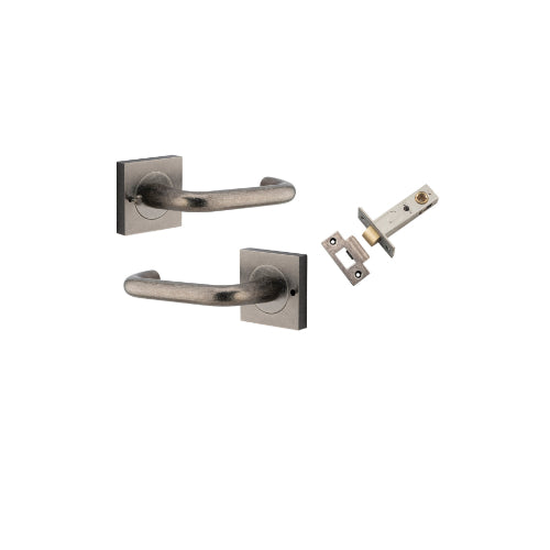 Door Lever Oslo Square Rose Inbuilt Privacy Pair Distressed Nickel H52xW52xP57mm with Tube Latch Privacy with Faceplate & T Striker Backset 60mm in Distressed Nickel