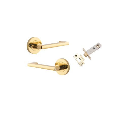 Door Lever Baltimore Return Round Rose Inbuilt Privacy Pair Polished Brass D58xP58mm with Tube Latch Privacy with Faceplate & T Striker Backset 60mm in Polished Brass