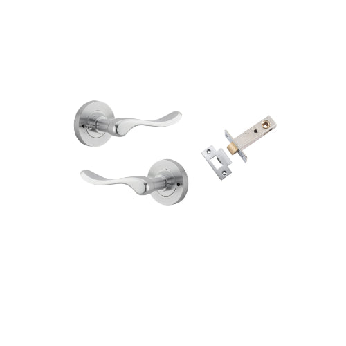 Door Lever Stirling Round Rose Inbuilt Privacy Pair Brushed Chrome D58xP64mm with Tube Latch Privacy with Faceplate & T Striker Backset 60mm in Brushed Chrome