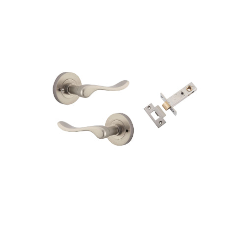 Door Lever Stirling Round Rose Inbuilt Privacy Pair Satin Nickel D58xP64mm with Tube Latch Privacy with Faceplate & T Striker Backset 60mm in Satin Nickel