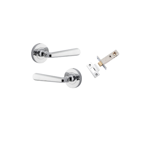 Door Lever Copenhagen Round Rose Inbuilt Privacy Pair Polished Chrome D58xP61mm with Tube Latch Privacy with Faceplate & T Striker Backset 60mm in Polished Chrome