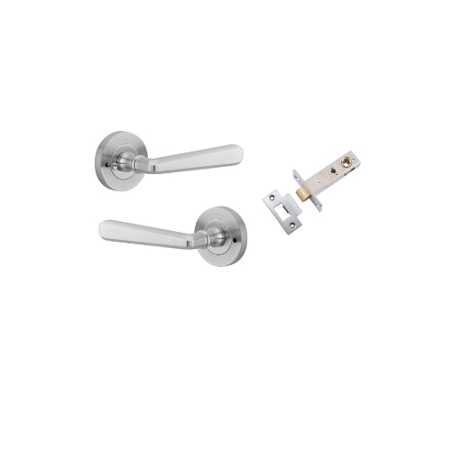 Door Lever Copenhagen Round Rose Inbuilt Privacy Pair Brushed Chrome D58xP61mm with Tube Latch Privacy with Faceplate & T Striker Backset 60mm in Brushed Chrome