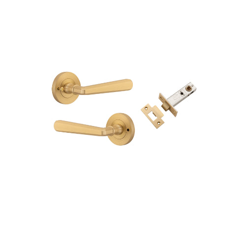 Door Lever Copenhagen Round Rose Inbuilt Privacy Pair Brushed Brass D58xP61mm with Tube Latch Privacy with Faceplate & T Striker Backset 60mm in Brushed Brass