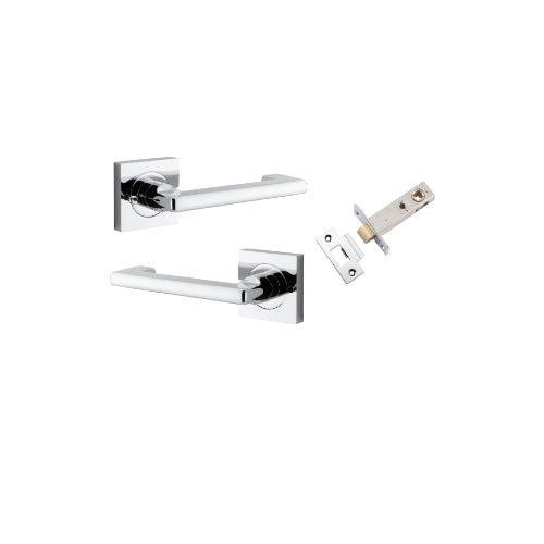 Door Lever Baltimore Return Square Rose Inbuilt Privacy Pair Polished Chrome H52xW52xP58mm with Tube Latch Privacy with Faceplate & T Striker Backset 60mm in Polished Chrome