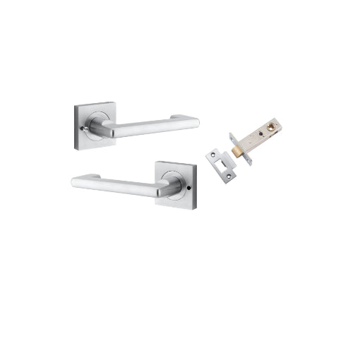 Door Lever Baltimore Return Square Rose Inbuilt Privacy Pair Brushed Chrome H52xW52xP58mm with Tube Latch Privacy with Faceplate & T Striker Backset 60mm in Brushed Chrome