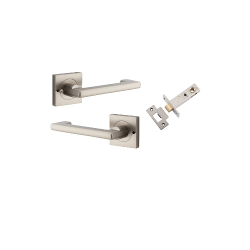Door Lever Baltimore Return Square Rose Inbuilt Privacy Pair Satin Nickel H52xW52xP58mm with Tube Latch Privacy with Faceplate & T Striker Backset 60mm in Satin Nickel