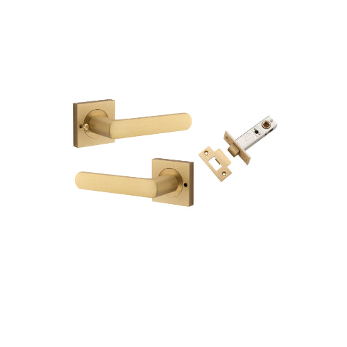 Door Lever Osaka Square Rose Inbuilt Privacy Pair Brushed Brass H52xW52xP55mm with Tube Latch Privacy with Faceplate & T Striker Backset 60mm in Brushed Brass