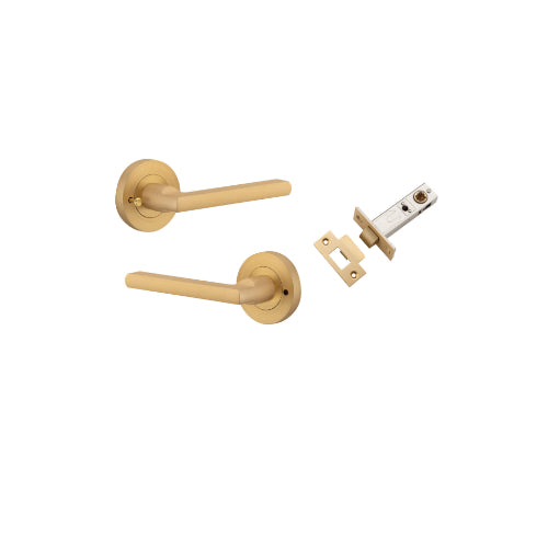 Door Lever Baltimore Round Rose Inbuilt Privacy Pair Brushed Brass D58xP58mm with Tube Latch Privacy with Faceplate & T Striker Backset 60mm in Brushed Brass