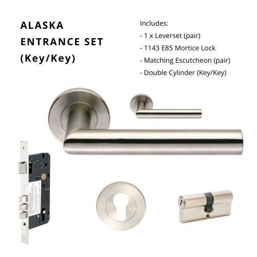 316SS Alaska Entrance Set, Includes 11210, 1143SS, 7020SS & 1147BN (70mm Key/Key) in Satin Stainless