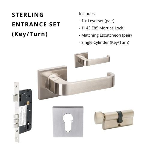 Sterling Rose Entrance Set - includes 1143, 8102E & 1122 (60mm Key/Turn) in Brushed Nickel