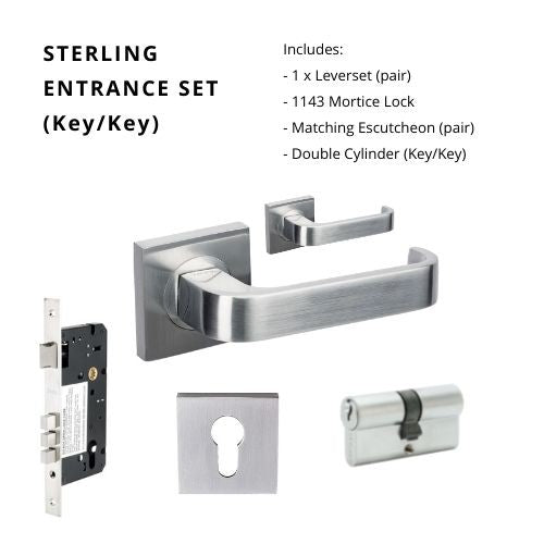 Sterling Rose Entrance Set - includes 1143, 8102E & 1147 (70mm Key/Key) in Satin Chrome