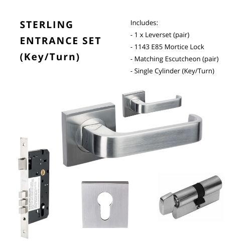 Sterling Rose Entrance Set - includes 1143, 8102E & 1148 (70mm Key/Turn) in Satin Chrome