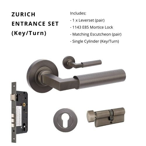 Zurich Rose Entrance Set, Includes 1143, 9349 & 1148 (70mm Key/Turn) in Graphite Nickel