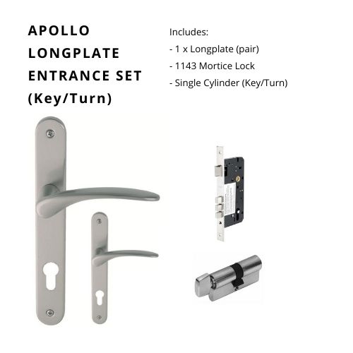 Apollo Longplate Entrance Set, Includes 7045E85, 1143 & 1122 (60mm Key/Turn) in Satin Chrome
