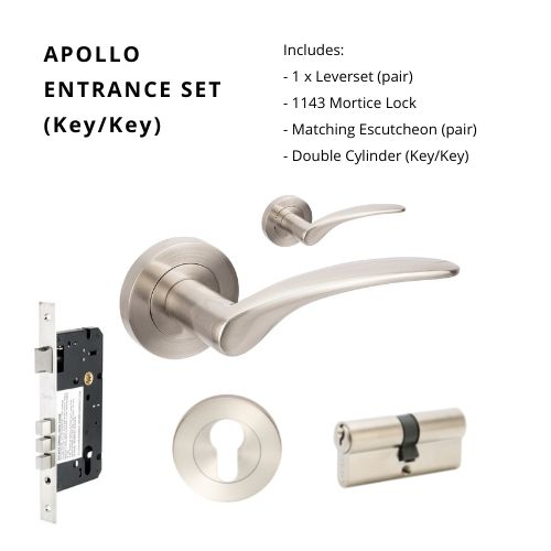 Apollo Rose Entrance Set, Includes 7015, 1143, 7020 & 1121 (60mm Key/Key) in Brushed Nickel