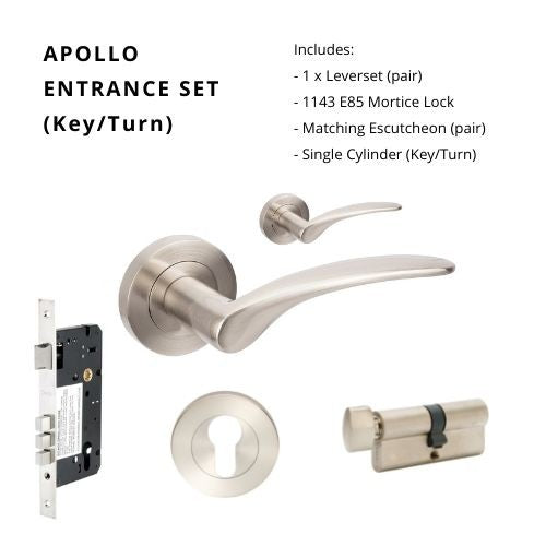 Apollo Rose Entrance Set - includes 7015, 1143, 7020 & 1122 (60mm Key/Turn) in Brushed Nickel