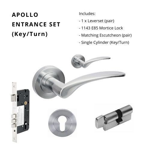 Apollo Rose Entrance Set - includes 7015, 1143, 7020 & 1122 (60mm Key/Turn) in Satin Chrome