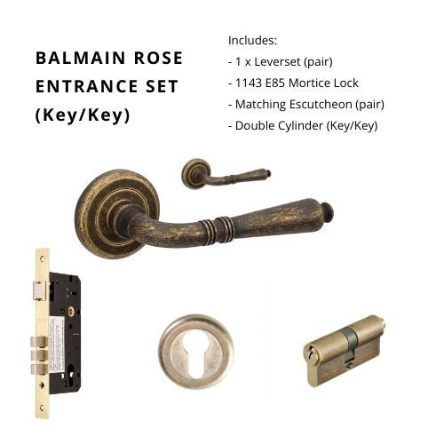 Balmain Entrance Set, Includes 9420, 1143, 9460 & 1147 (70mm Key/Key) in Rustic Brass