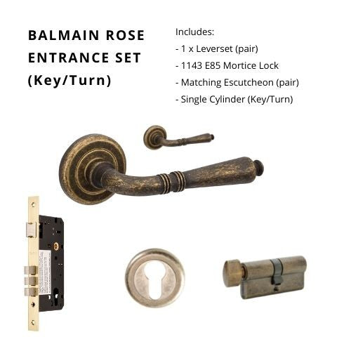Balmain Entrance Set, Includes 9420, 1143, 9460 & 1148 (70mm Key/Turn) in Rustic Brass