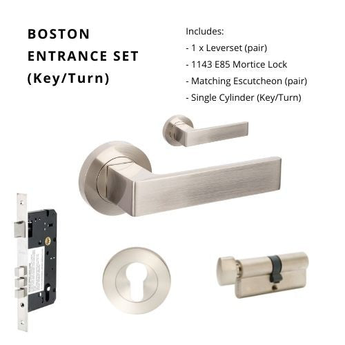 Boston Entrance Set - Includes 10080, 1143, 9035 & 1122 (60mm Key/Turn) in Brushed Nickel