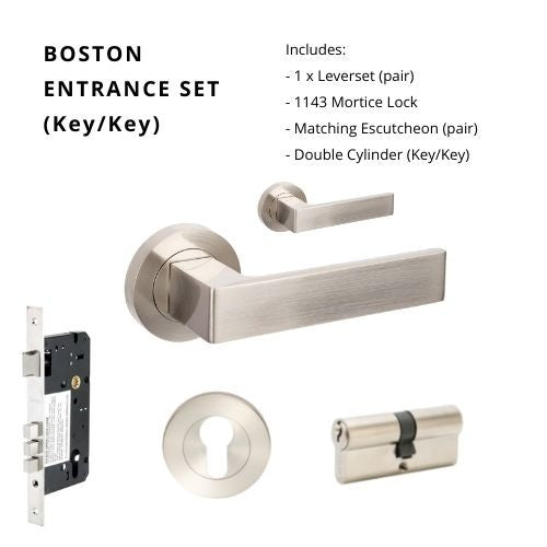 Boston Entrance Set - Includes 10080, 1143, 9035 & 1147 (70mm Key/Key) in Brushed Nickel