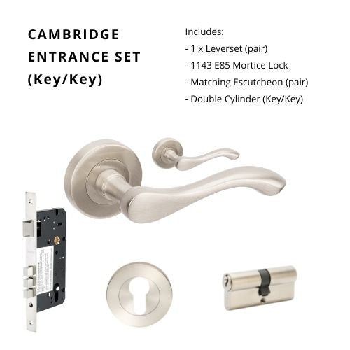 Cambridge Rose Entrance Set - Includes 1143, 9344 & 1121 (60mm Key/Key) in Brushed Nickel