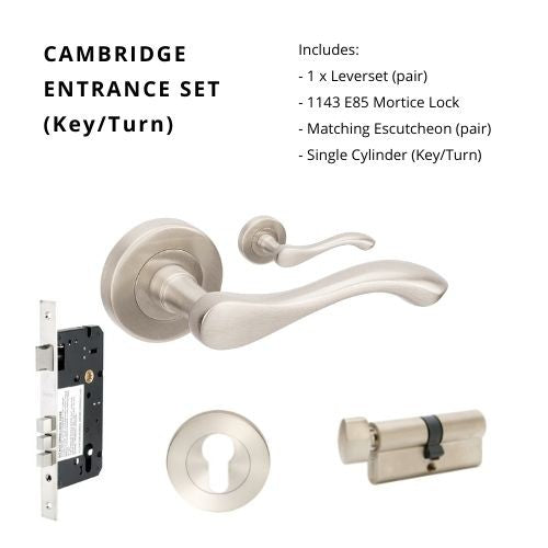 Cambridge Rose Entrance Set - Includes 1143, 9344 & 1122 (60mm Key/Turn) in Brushed Nickel
