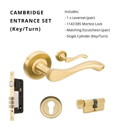 Cambridge Rose Entrance Set - Includes 1143, 9344 & 1122 (60mm Key/Turn) in Satin Brass