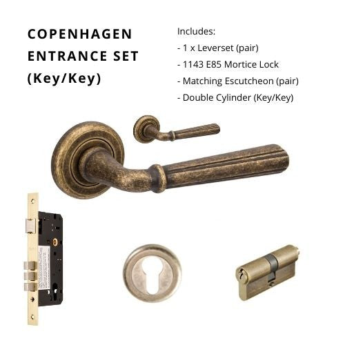 Copenhagen Entrance set - Includes 9410, 1143, 9460 & 1147 (70mm Key/Key) in Rustic Brass