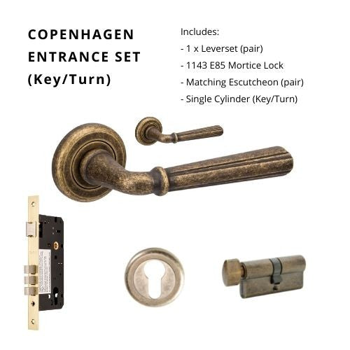 Copenhagen Entrance set - Includes 9410, 1143, 9460 & 1148 (70mm Key/Turn) in Rustic Brass