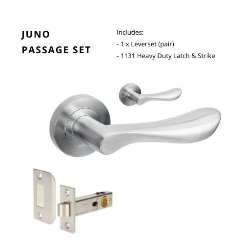 Juno Passage Set, includes 1131 latch in Satin Chrome