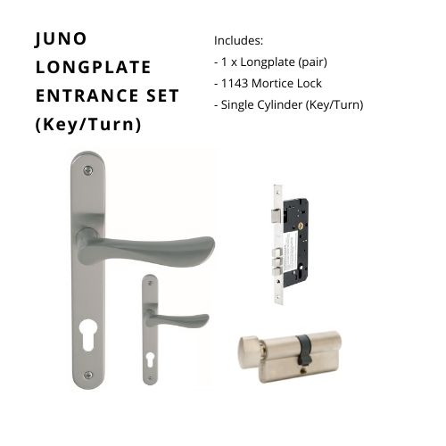 Juno Longplate Entrance Set, Includes 7046E85, 1143 & 1122 (60mm Key/Turn) in Brushed Nickel