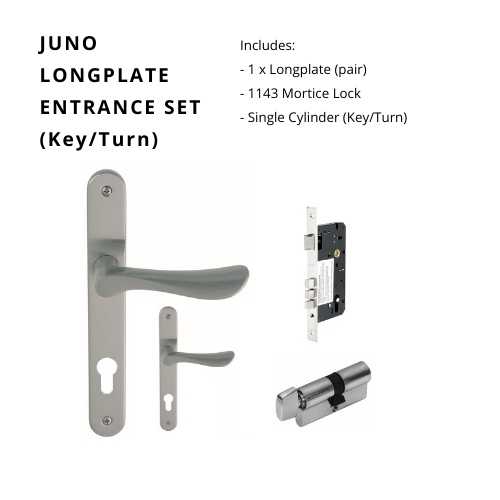 Juno Longplate Entrance Set, Includes 7046E85, 1143 & 1122 (60mm Key/Turn) in Satin Chrome