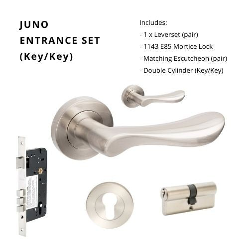 Juno Rose Entrance Set, Includes 7019, 1143, 7020 & 1121 (60mm Key/Key) in Brushed Nickel