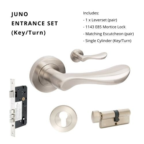 Juno Rose Entrance Set - includes 7019, 1143, 7020 & 1122(60mm Key/Turn) in Brushed Nickel