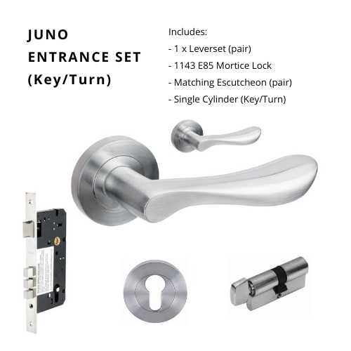 Juno Rose Entrance Set - includes 7019, 1143, 7020 & 1122(60mm Key/Turn) in Satin Chrome