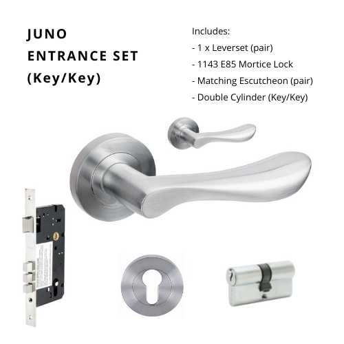 Juno Rose Entrance Set - includes 7019, 1143, 7020 & 1147 (70mm Key/Key) in Satin Chrome