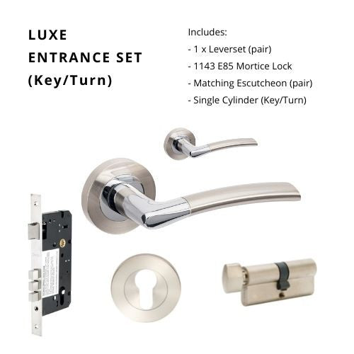 Luxe Entrance Set - Includes 10010, 1143, 9035 & 1122 (60mm Key/Turn) in Brushed Nickel / Chrome Plated
