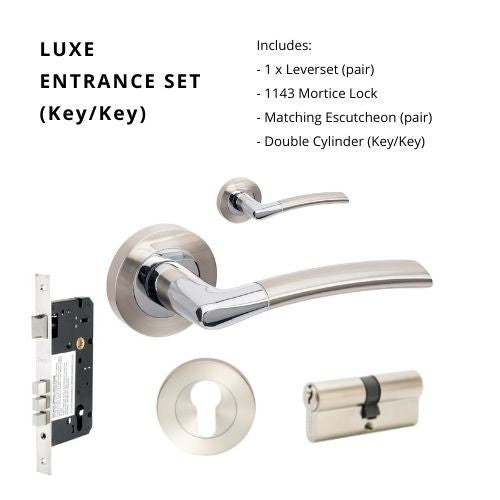 Luxe Entrance Set - Includes 10010, 1143, 9035 & 1147 (70mm Key/Key) in Brushed Nickel / Chrome Plated